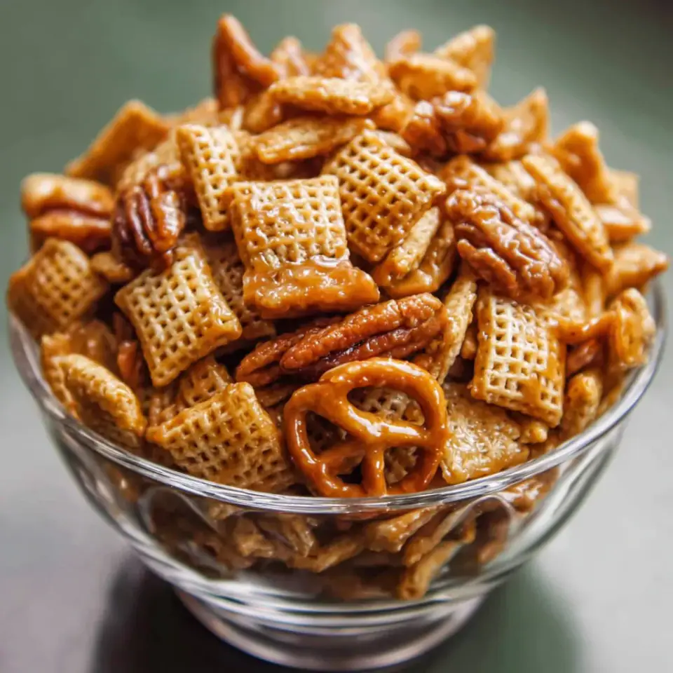 Addicting Toffee Chex Mix, ready to serve