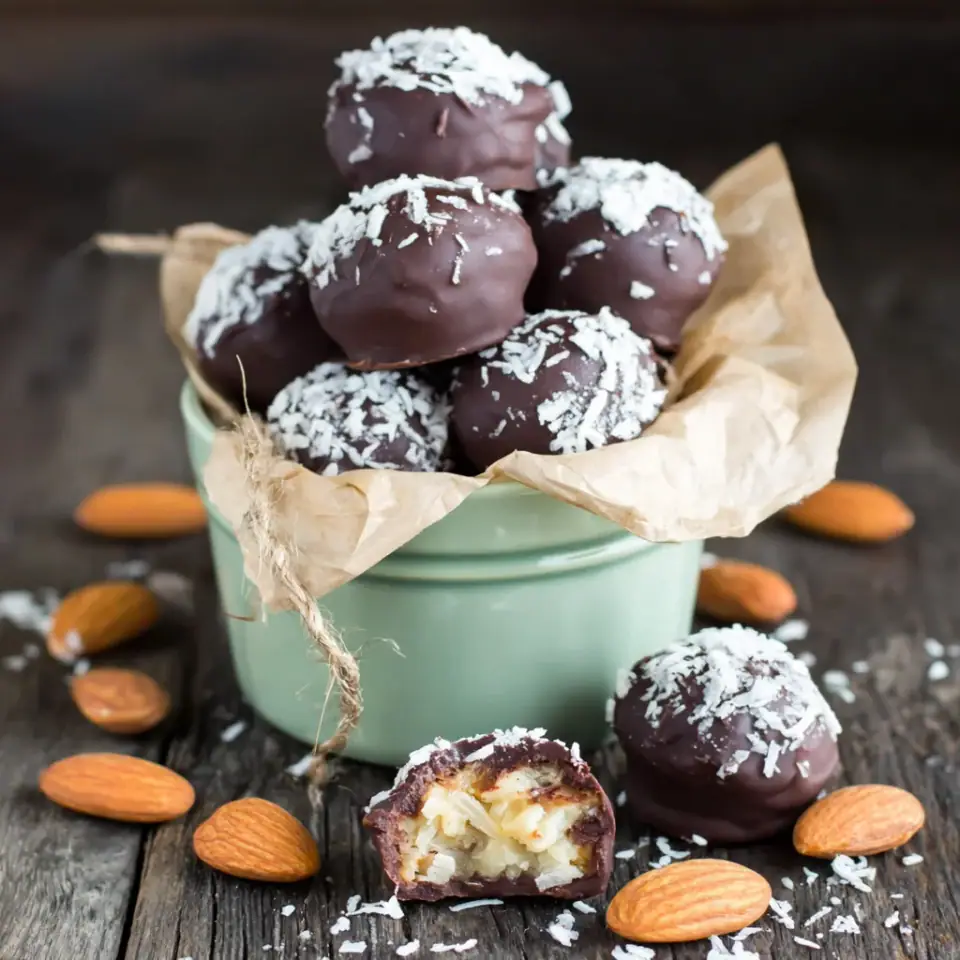 Almond Joy Fat Bombs served on the table