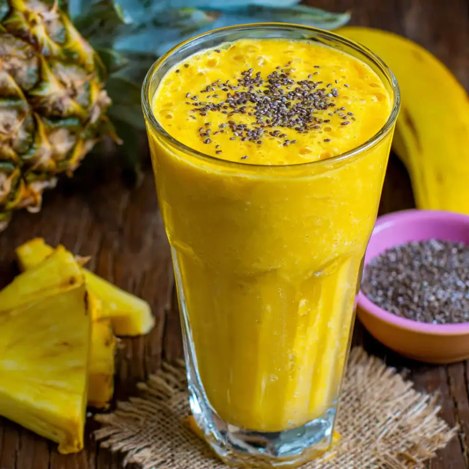 Anti-inflammatory Pineapple Banana Turmeric Smoothie, ready to serve