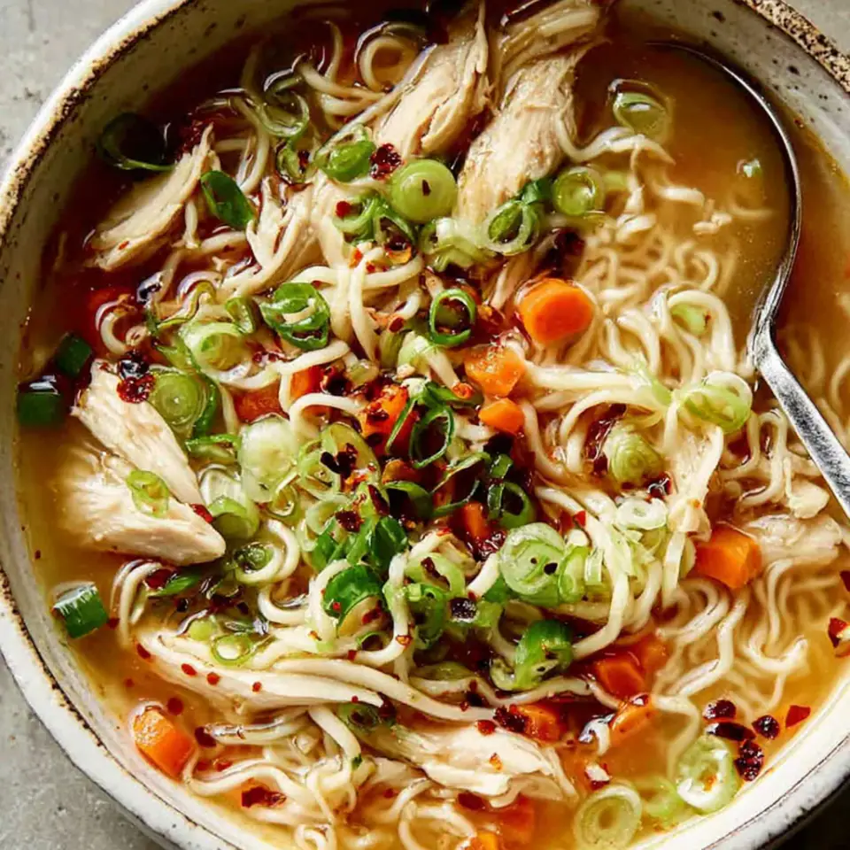 Aromatic Ginger Scallion Chicken Noodle Soup, ready to serve