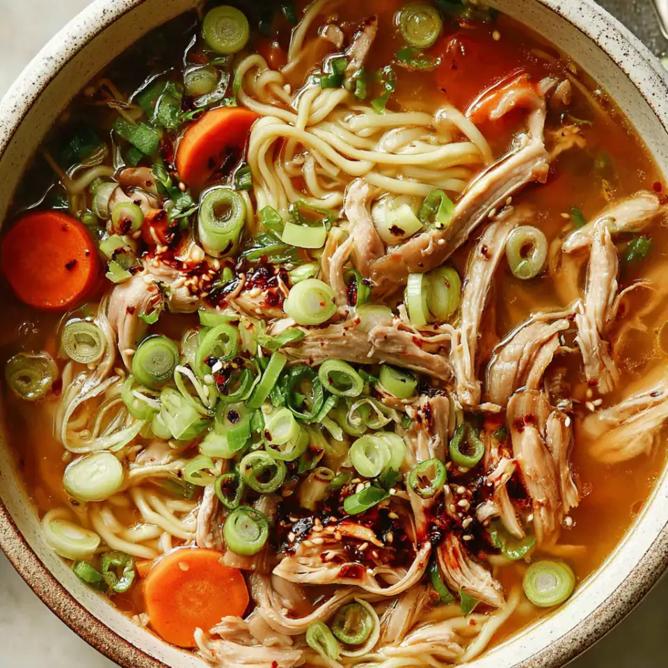 Aromatic Ginger Scallion Chicken Noodle Soup served on the table