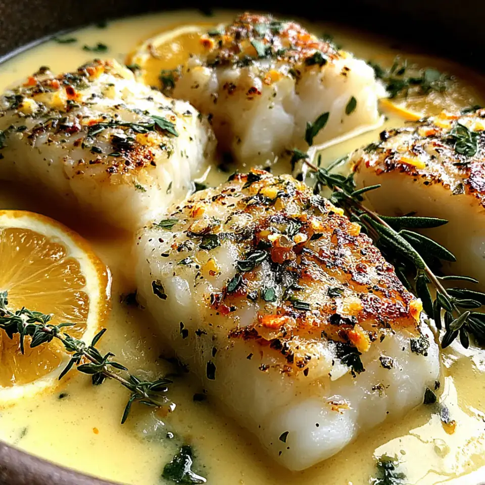 Baked Cod in Coconut Lemon Cream Sauce, ready to serve