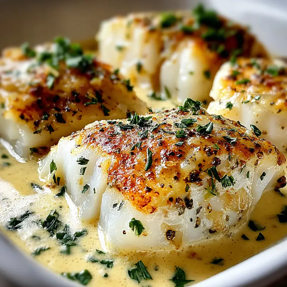 Baked Cod in Coconut Lemon Cream Sauce served on the table