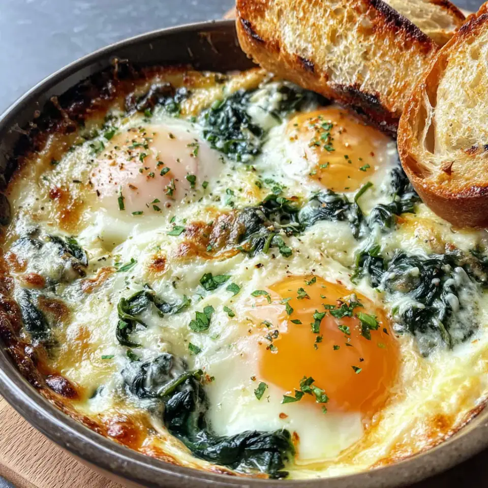 Baked Eggs Florentine served on the table