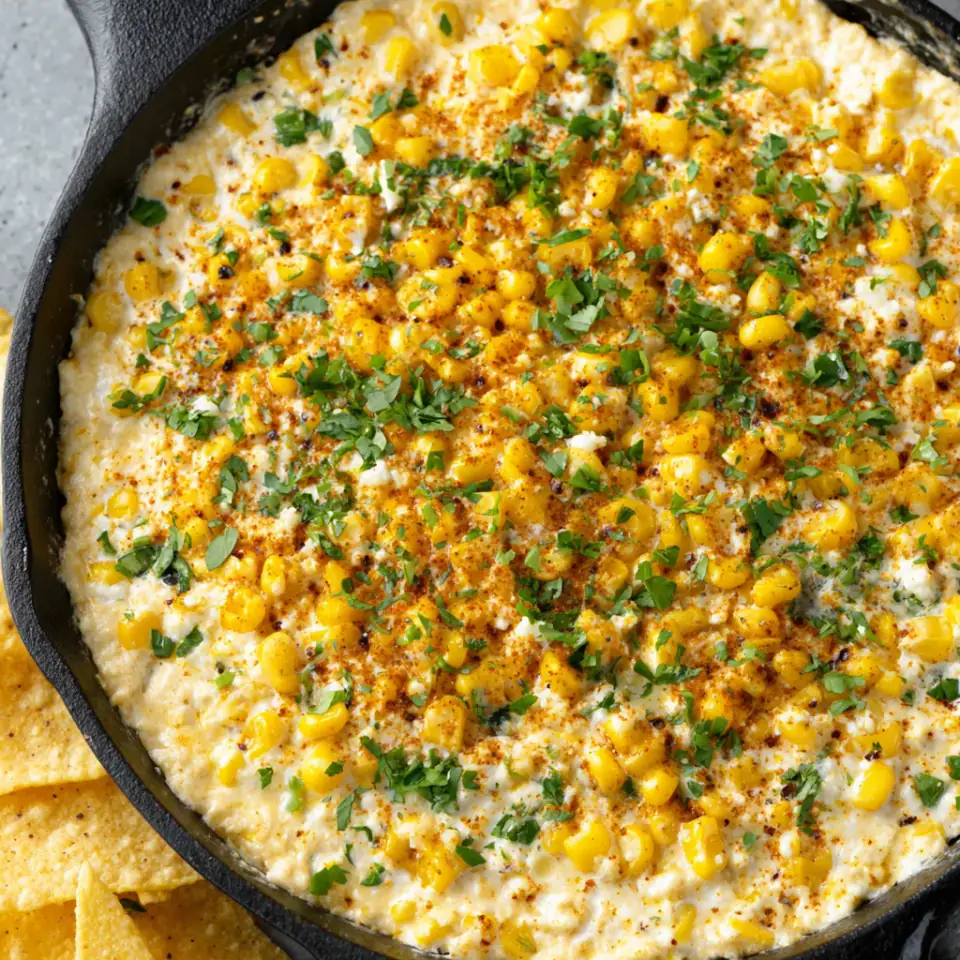 Baked Elote Dip, ready to serve