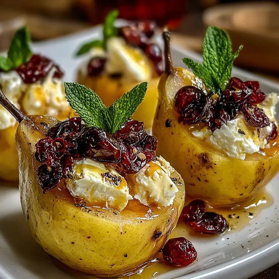 Baked Pears with Goat Cheese Honey and Cranberries, ready to serve