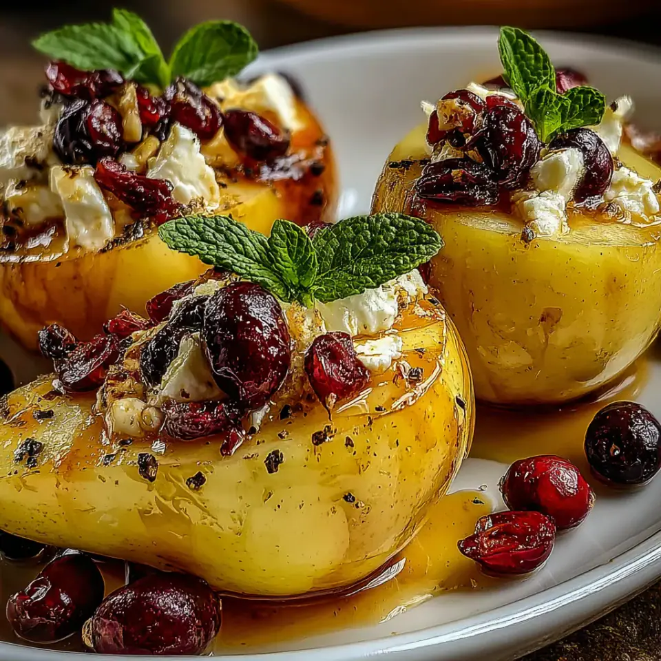 A close look at Baked Pears with Goat Cheese Honey and Cranberries