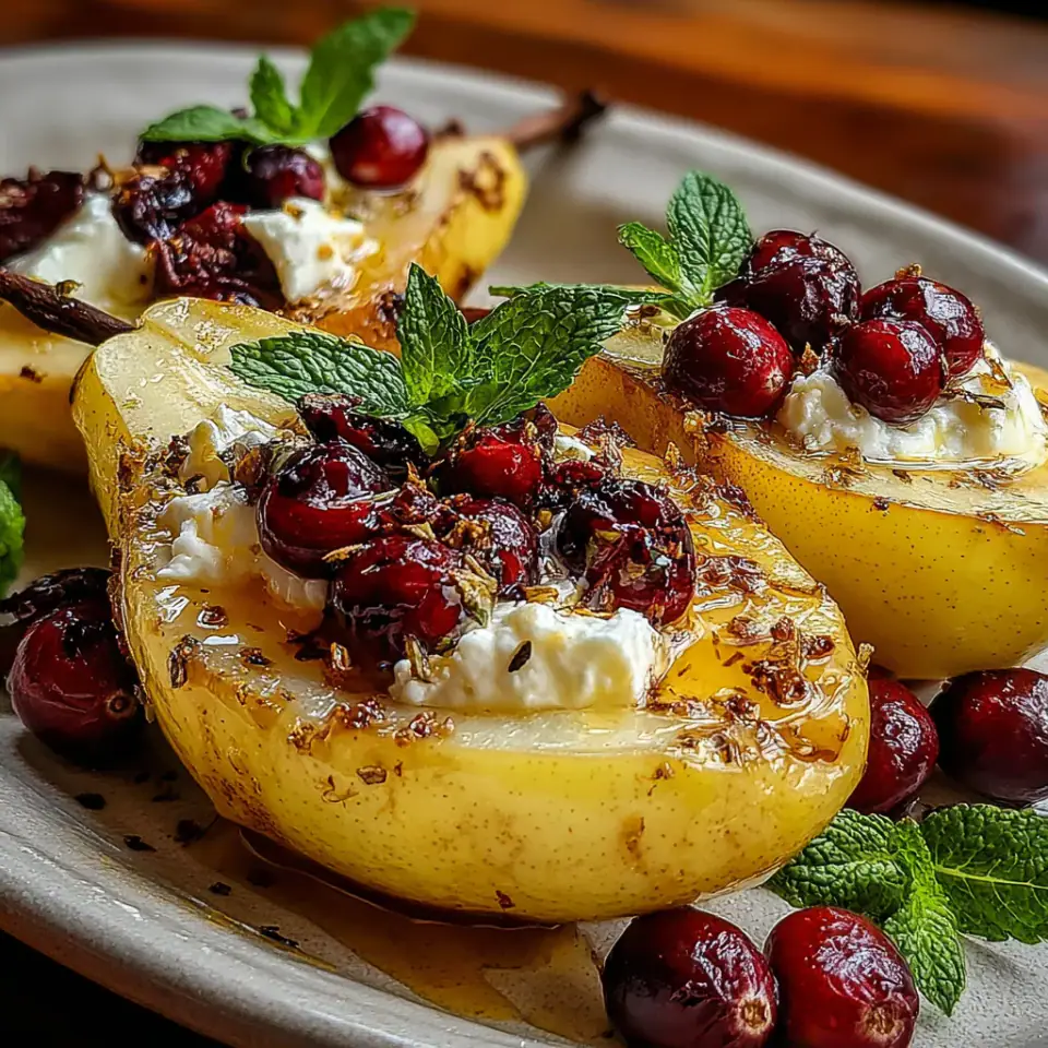 Baked Pears with Goat Cheese Honey and Cranberries served on the table