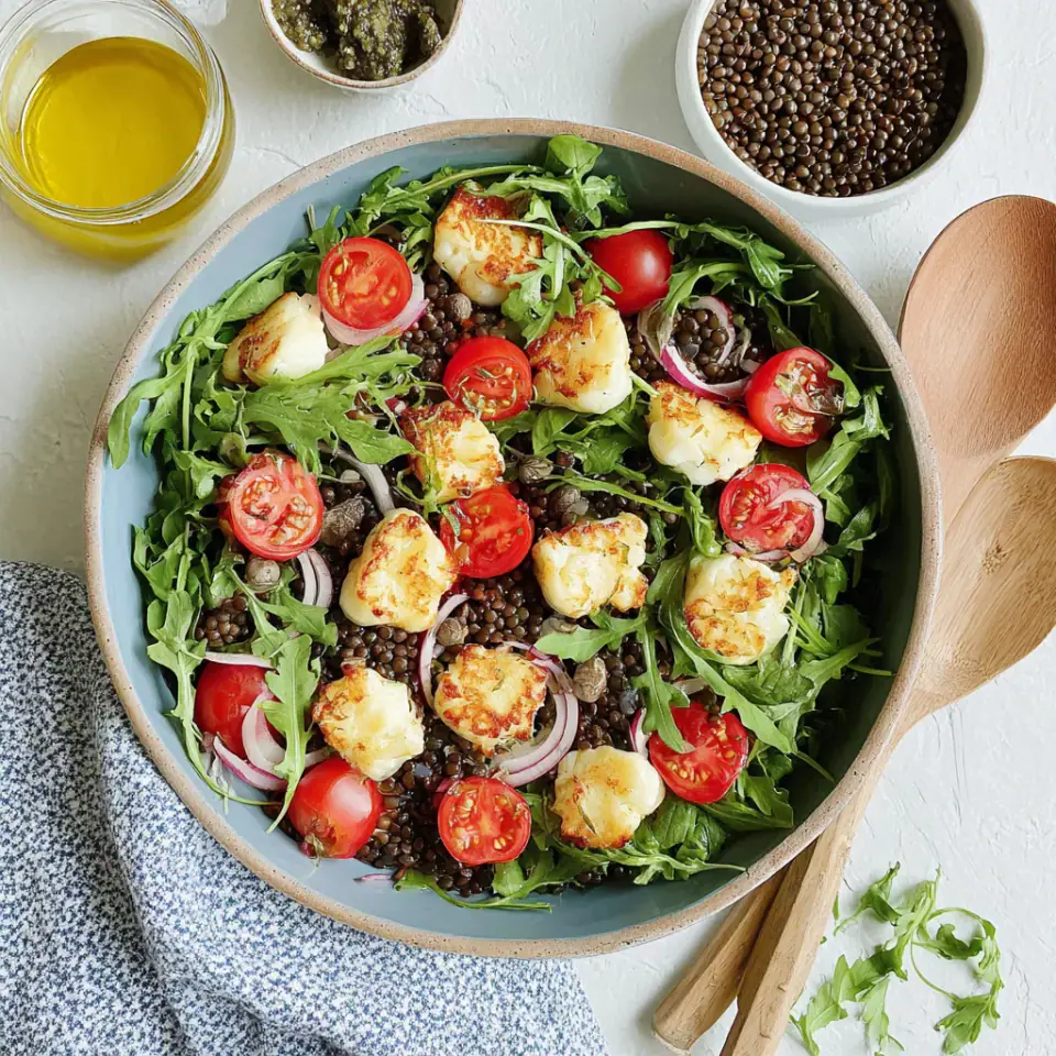 Beluga Lentil Salad with Halloumi Croutons, ready to serve