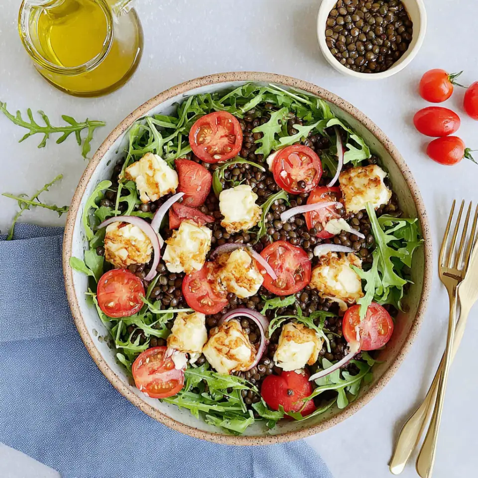 A close look at Beluga Lentil Salad with Halloumi Croutons