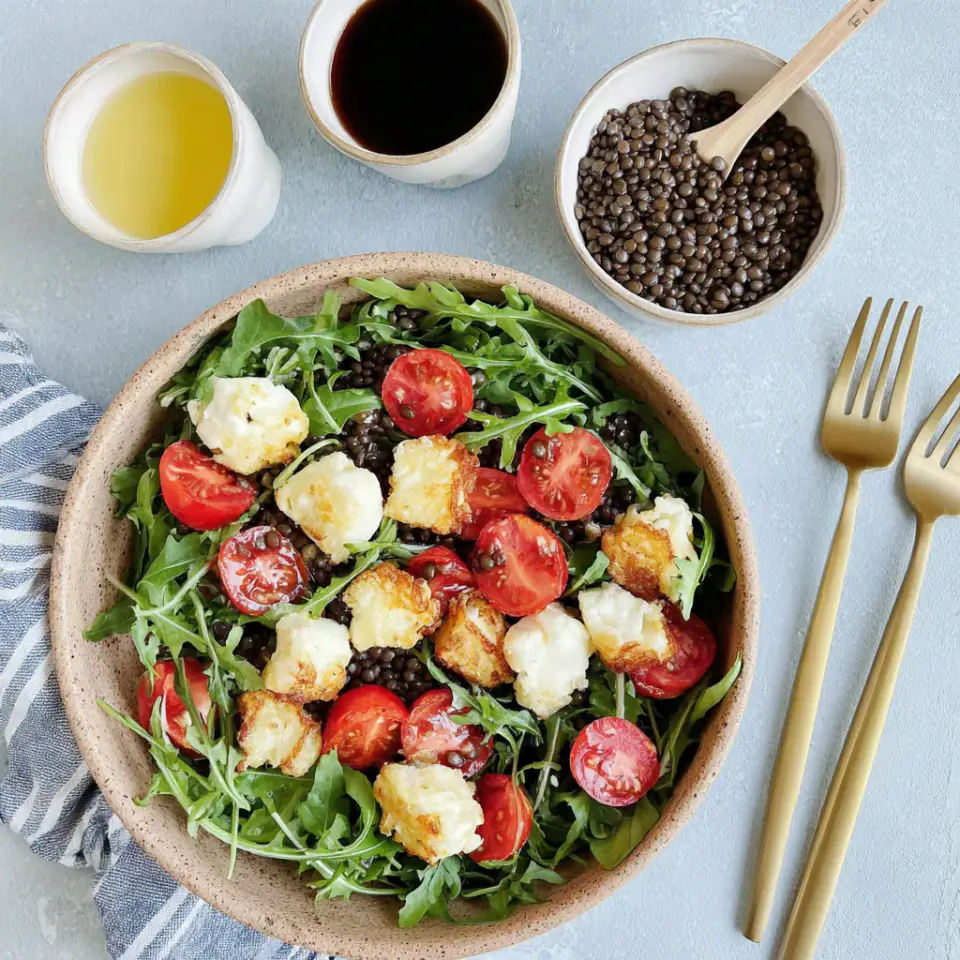 Beluga Lentil Salad with Halloumi Croutons served on the table
