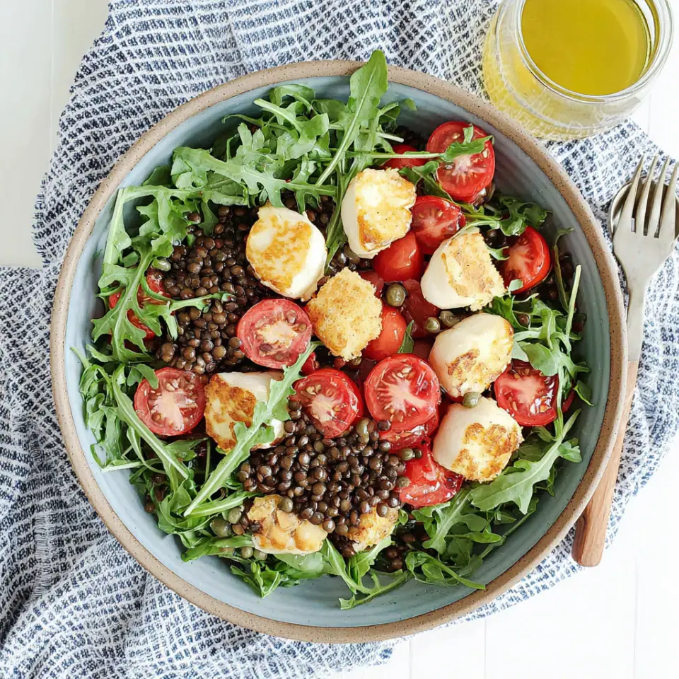 Beluga Lentil Salad with Halloumi Croutons