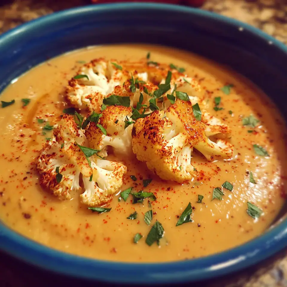 Creamy Roasted Cauliflower Soup, ready to serve