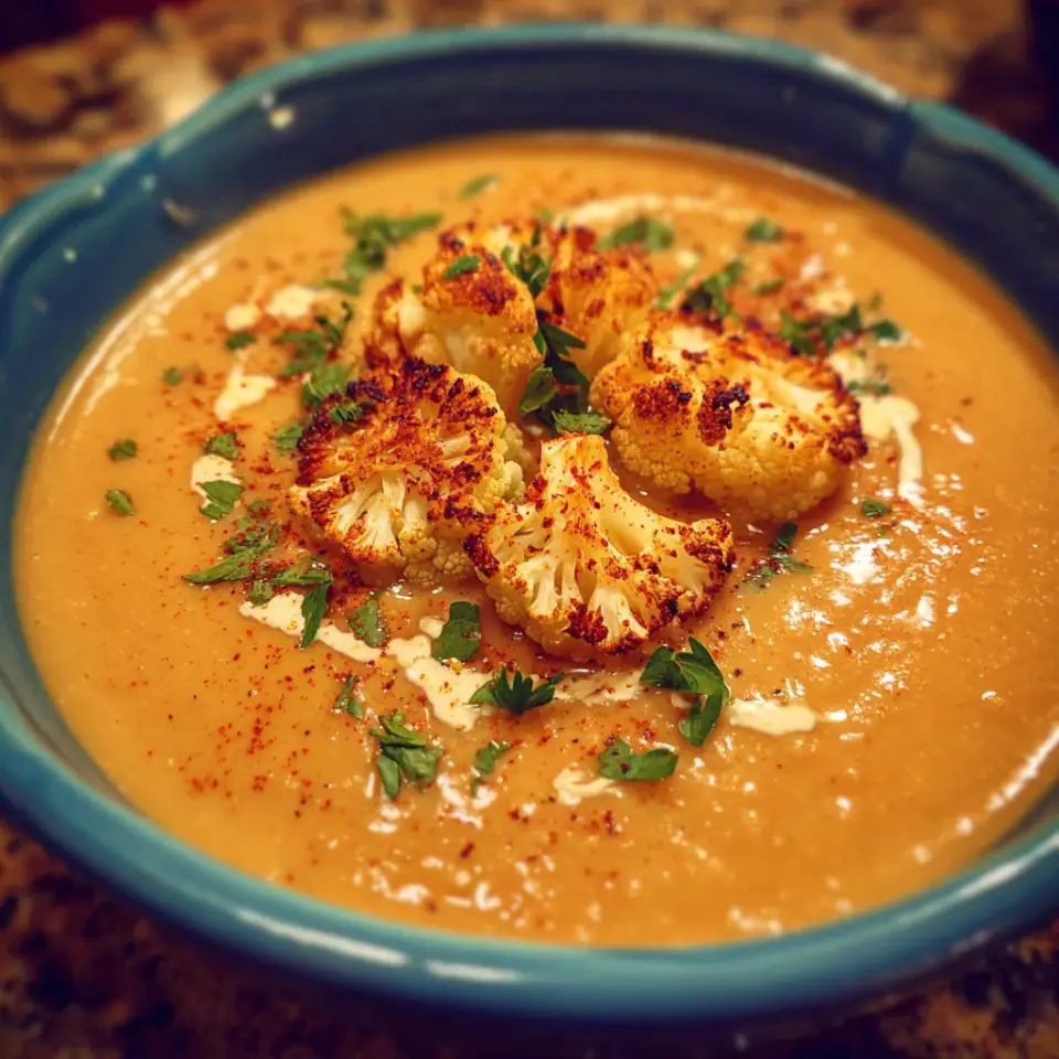 Creamy Roasted Cauliflower Soup served on the table