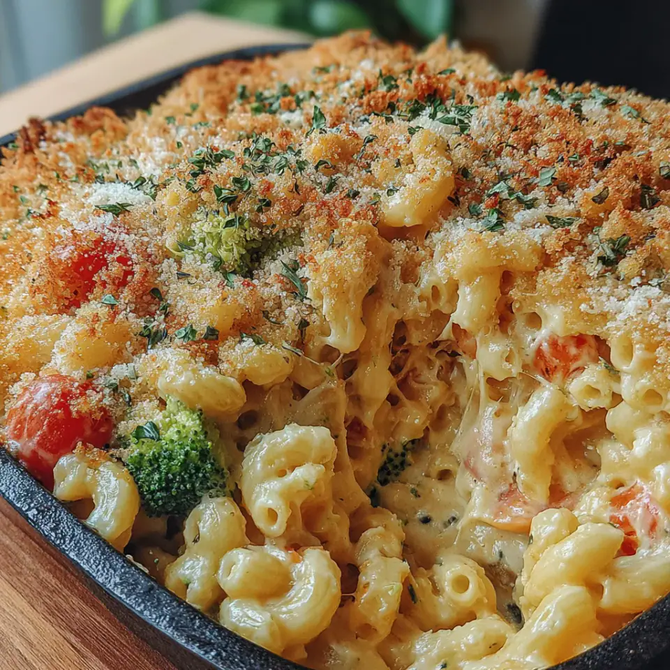 Creamy Vegetarian Macaroni Bake, ready to serve