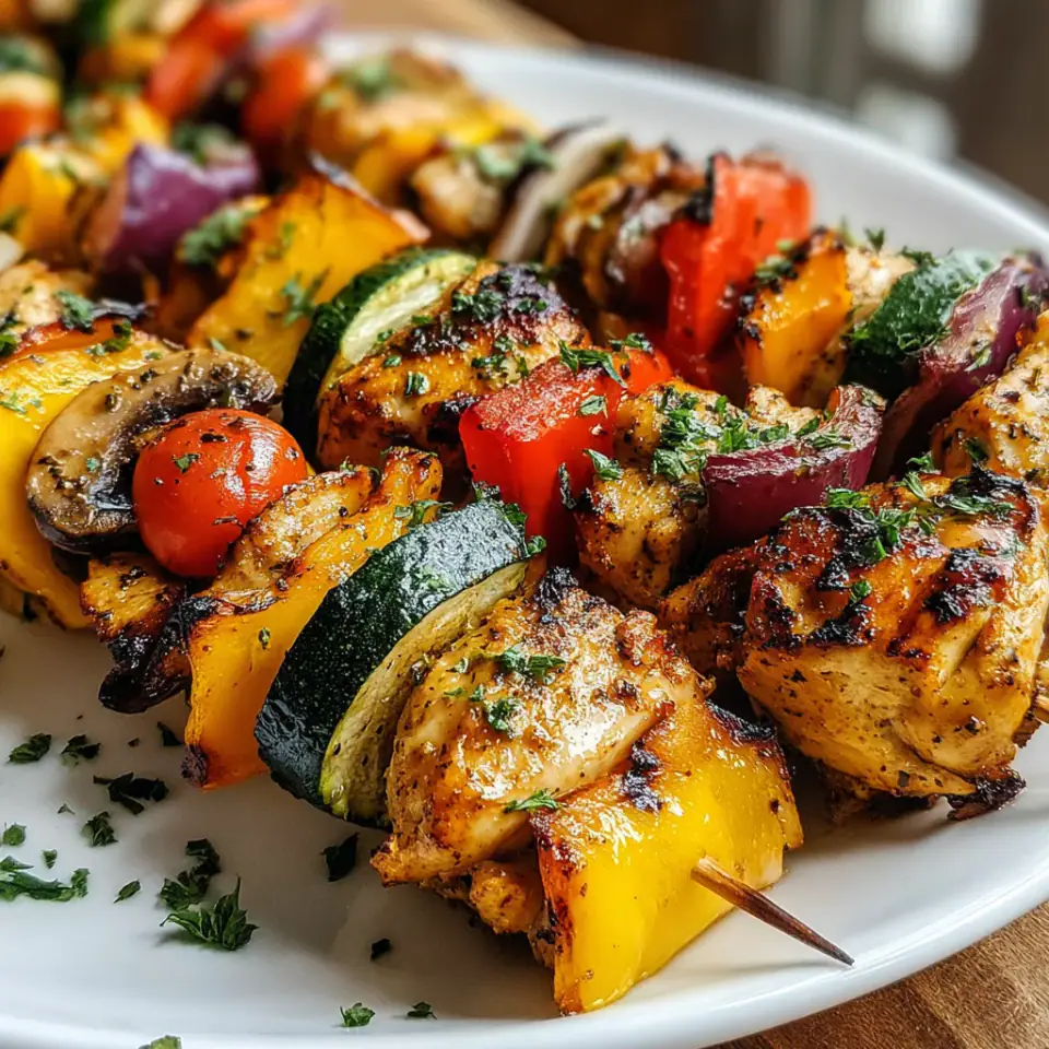 Grilled Chicken Veggie Kabobs served on the table