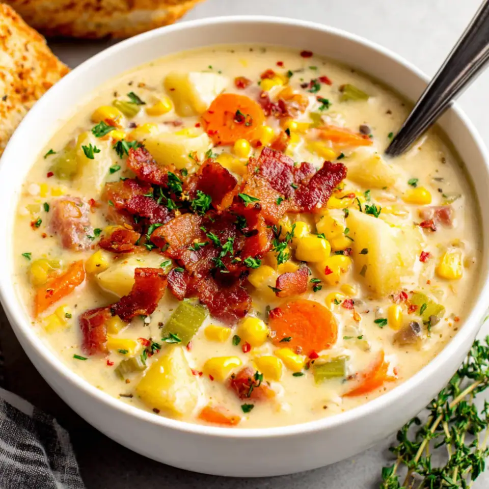 One-Pot Corn Chowder, ready to serve