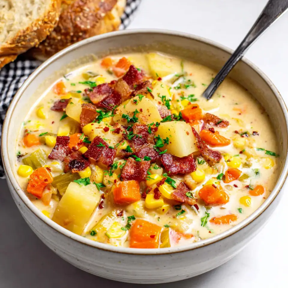 One-Pot Corn Chowder served on the table