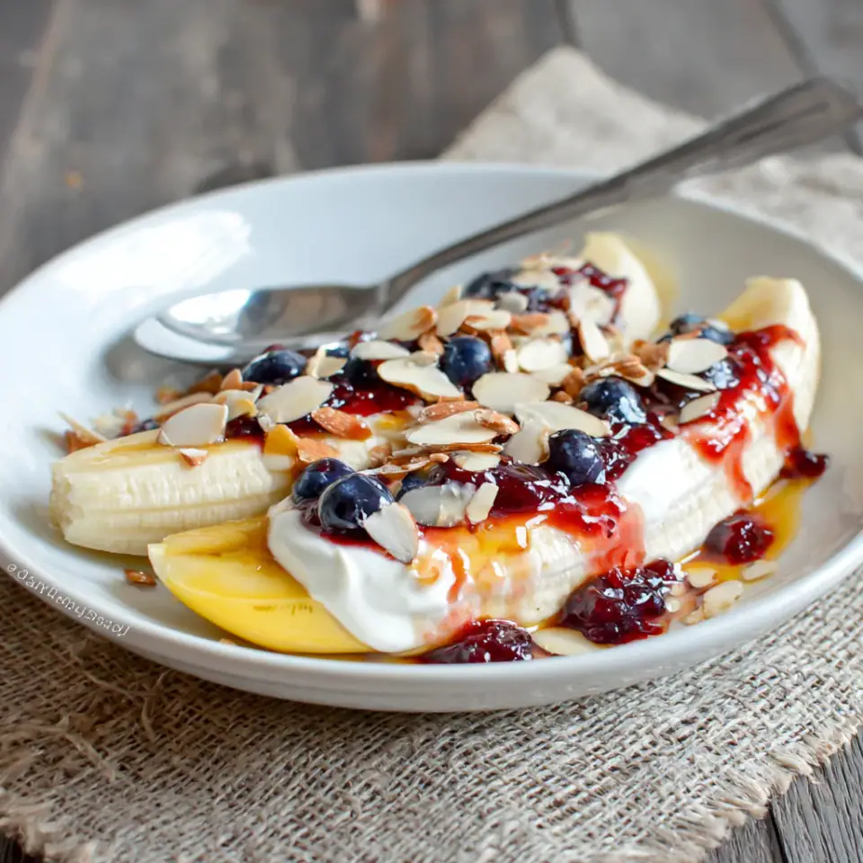 Breakfast Banana Split with Yogurt and Jam, ready to serve