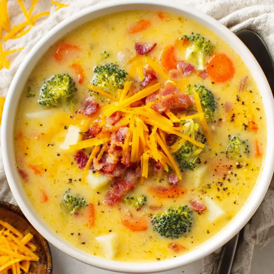 Broccoli Cheddar Potato Soup served on the table