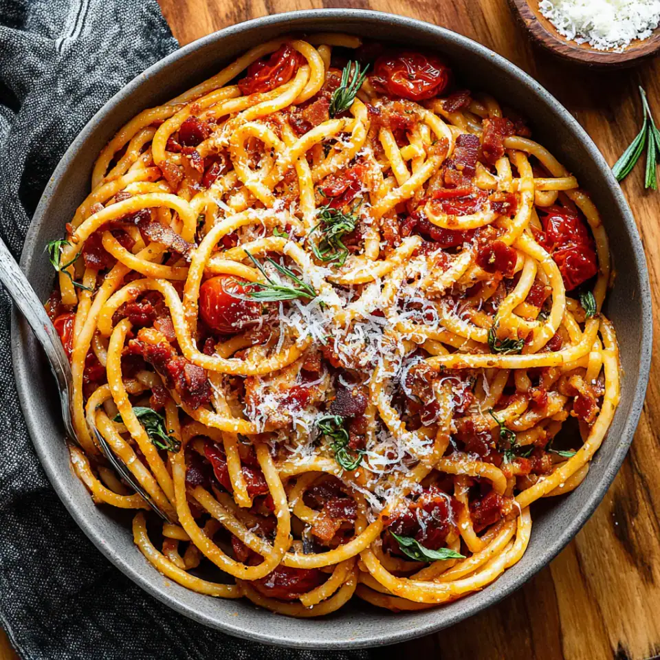 Bucatini Amatriciana, ready to serve