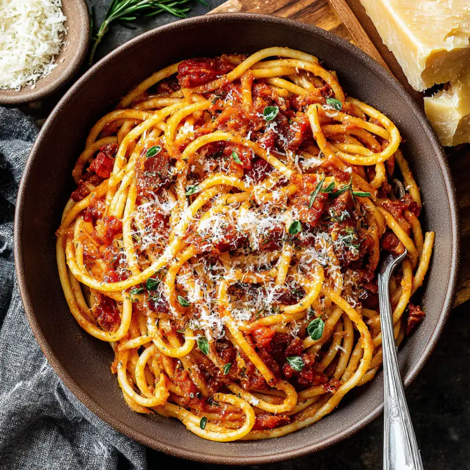 Bucatini Amatriciana served on the table