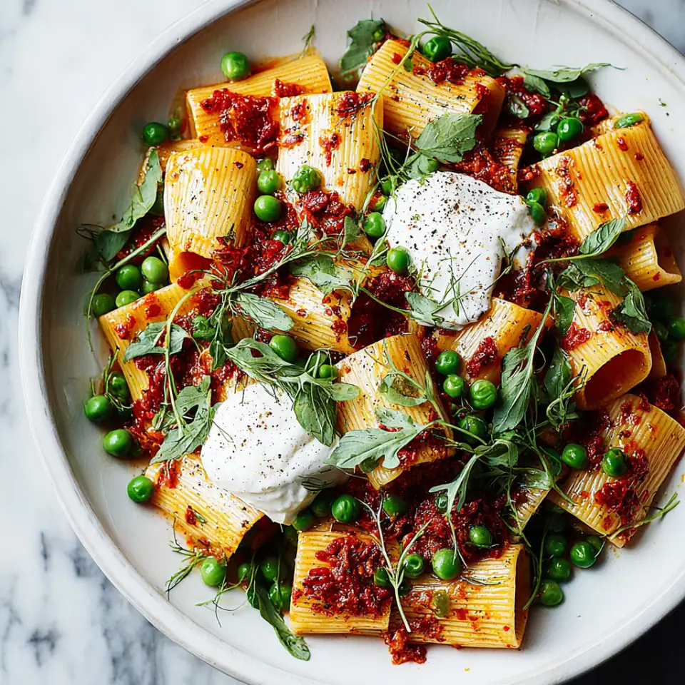 Calabrian Chile & Burrata Pasta with Peas, ready to serve