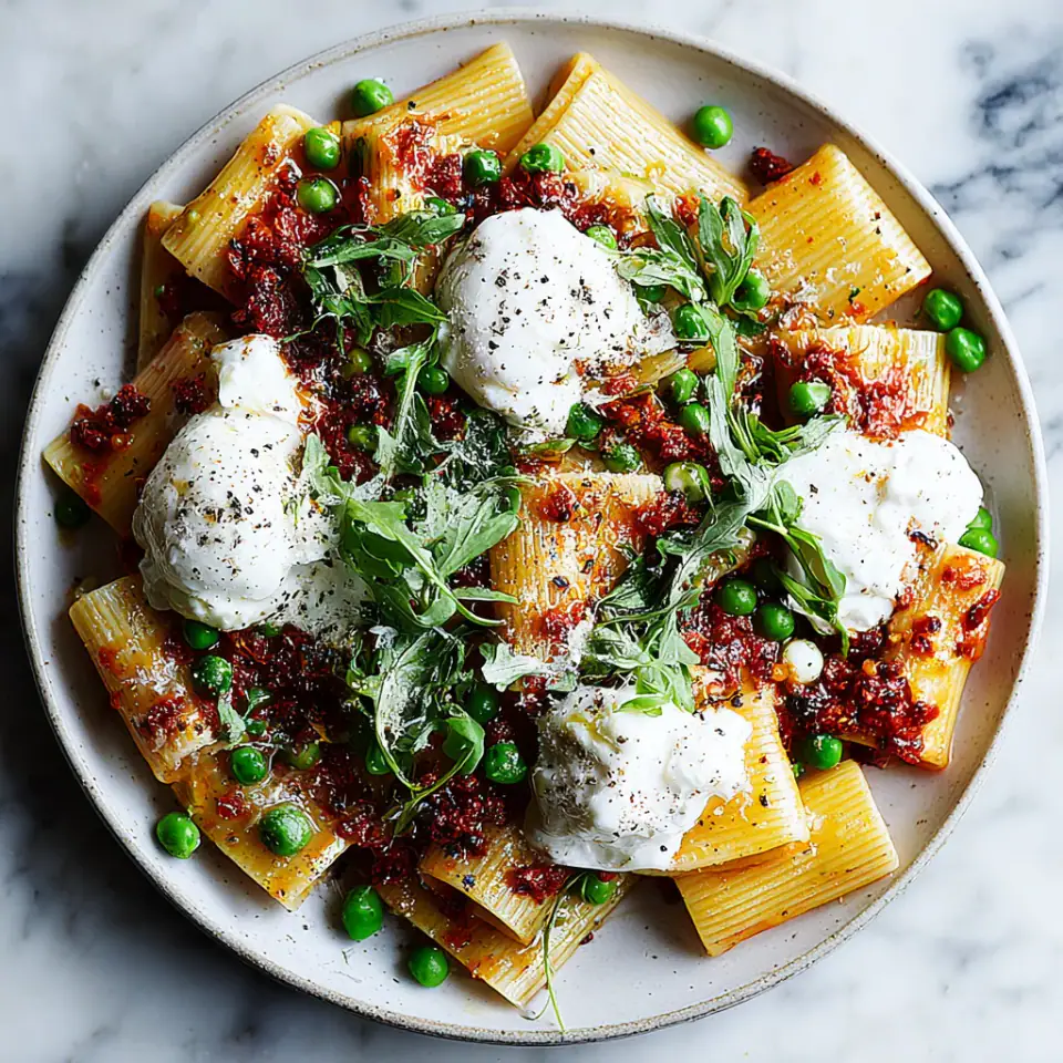 A close look at Calabrian Chile & Burrata Pasta with Peas