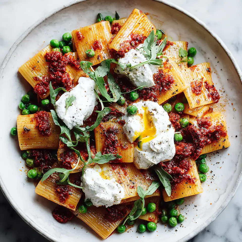 Calabrian Chile & Burrata Pasta with Peas served on the table