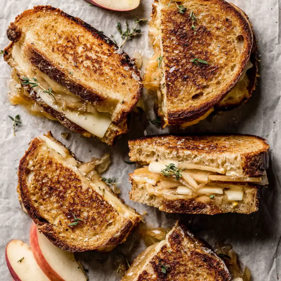 Caramelized Onion & Apple Grilled Cheese Sandwich, ready to serve