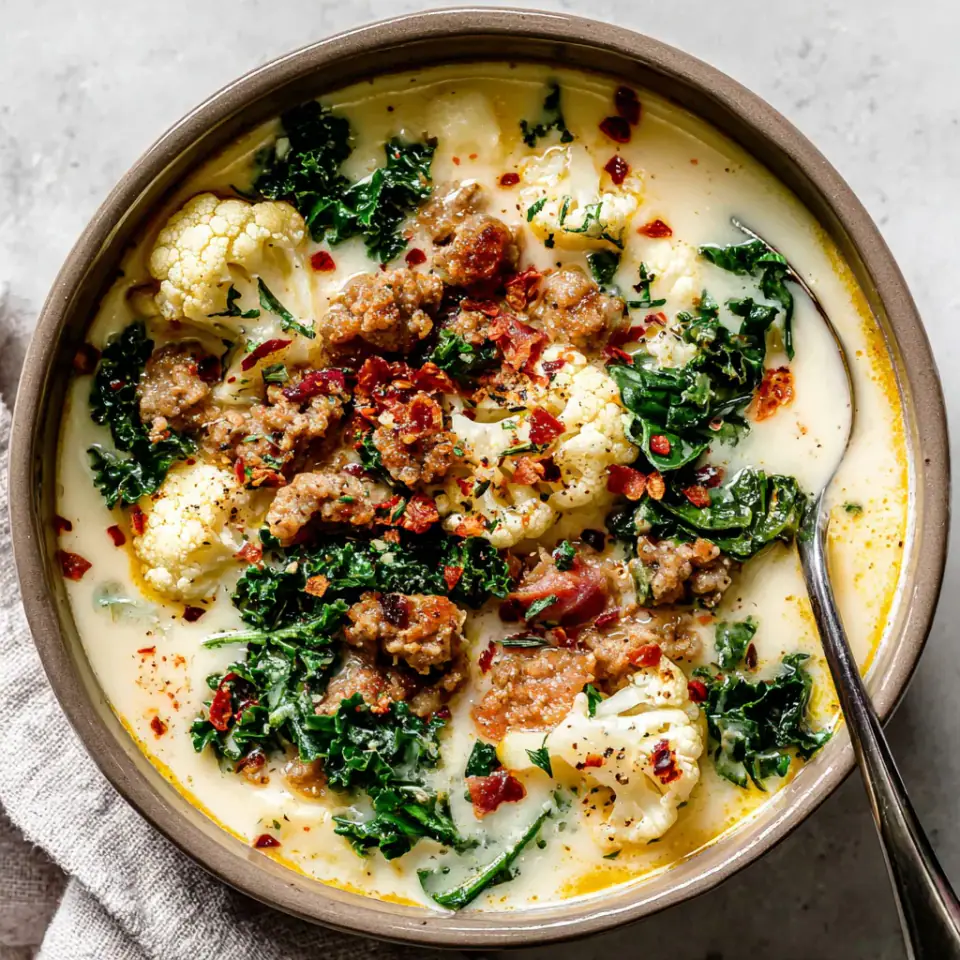 Cauliflower Sausage Kale Soup, ready to serve