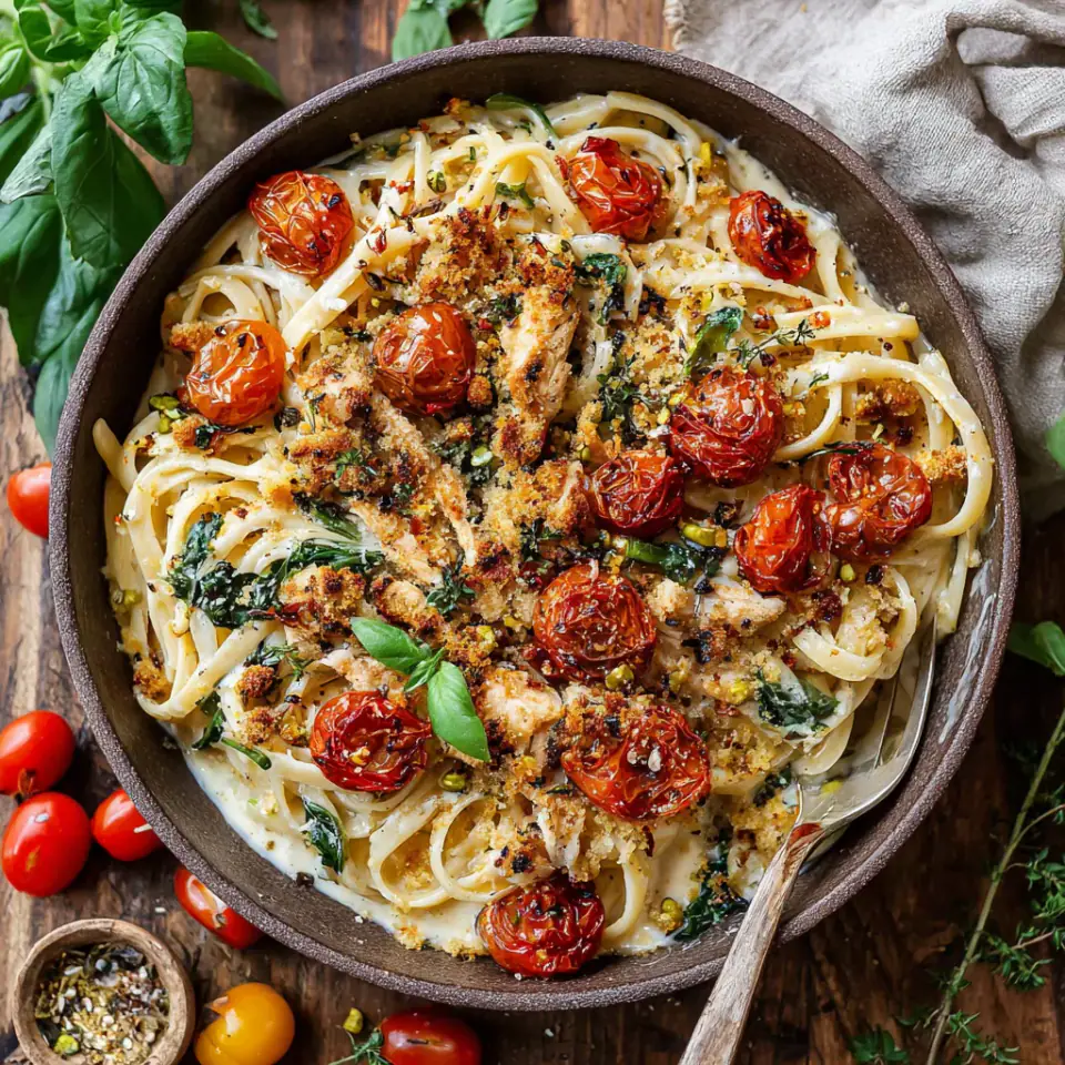 Charred Tomato Basil Chicken Florentine Pasta, ready to serve