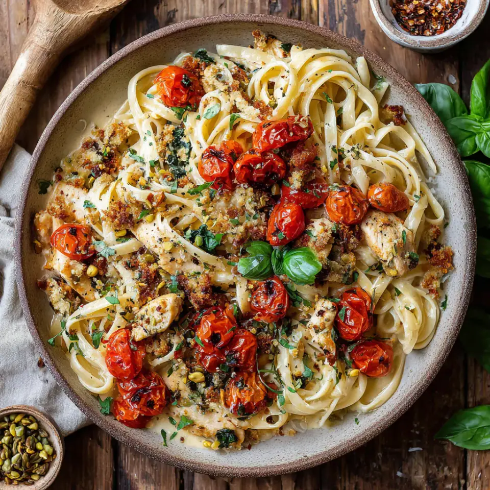 A close look at Charred Tomato Basil Chicken Florentine Pasta