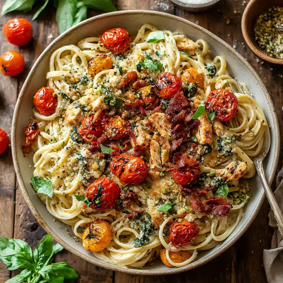 Charred Tomato Basil Chicken Florentine Pasta served on the table