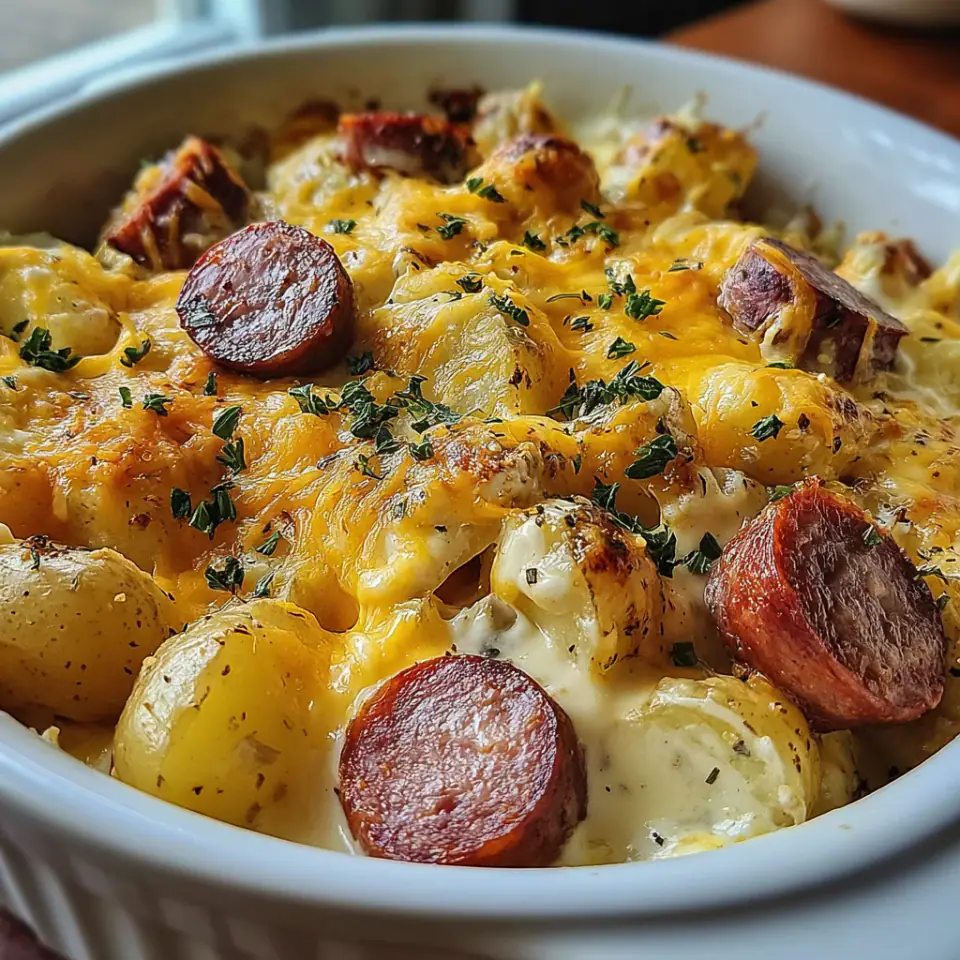 Cheesy Ranch Potatoes and Smoked Sausage, ready to serve