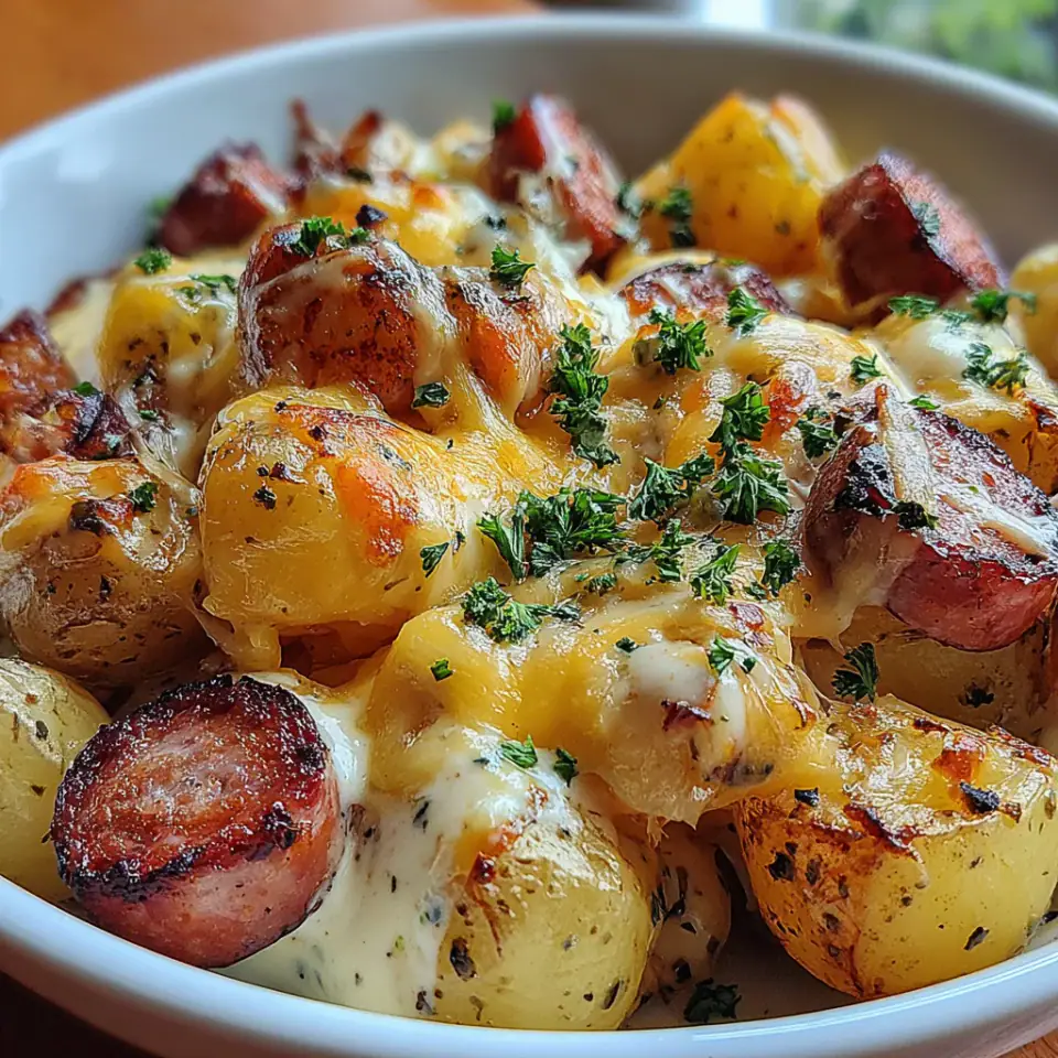 A close look at Cheesy Ranch Potatoes and Smoked Sausage