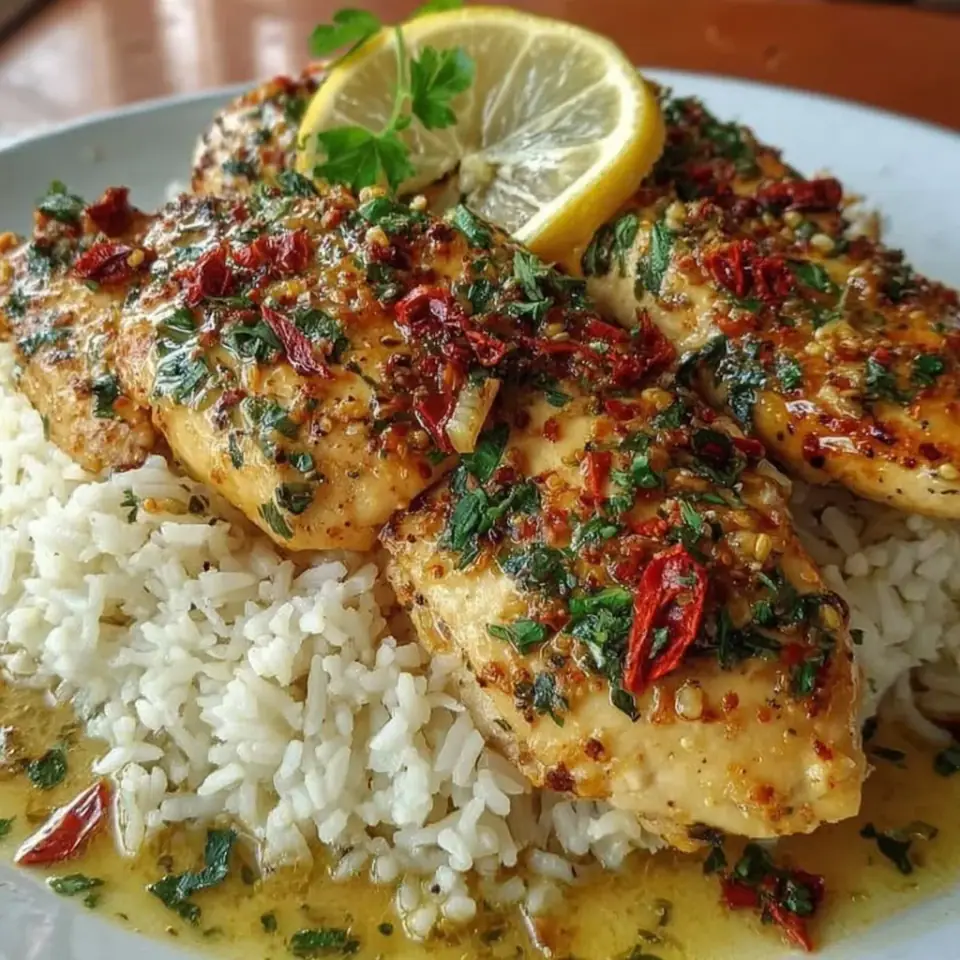 Chicken Scampi with Garlic Parmesan Rice, ready to serve