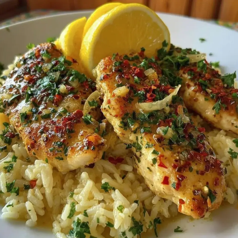 A close look at Chicken Scampi with Garlic Parmesan Rice