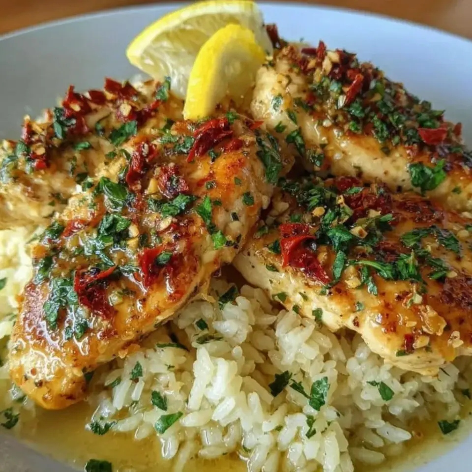 Chicken Scampi with Garlic Parmesan Rice served on the table