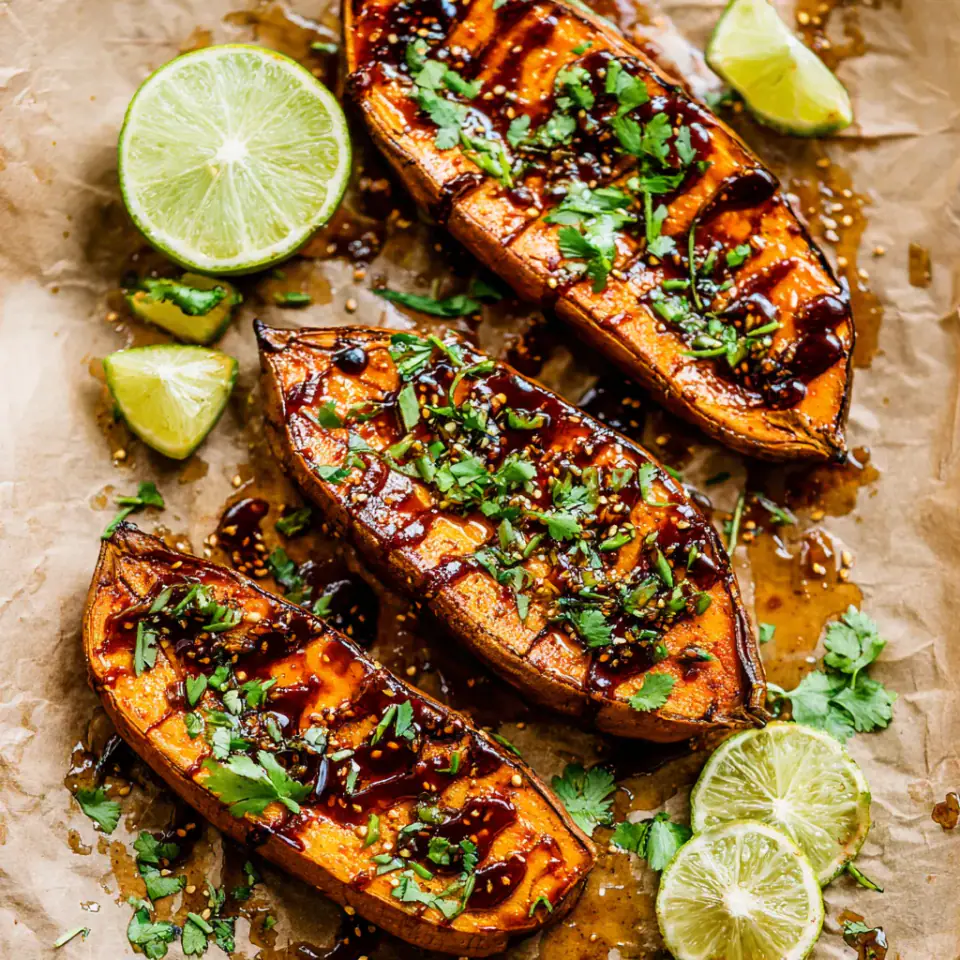 A close look at Chili Honey Roasted Sweet Potatoes With Lime Juice