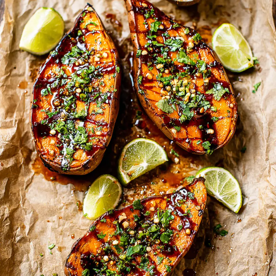 Chili Honey Roasted Sweet Potatoes With Lime Juice served on the table