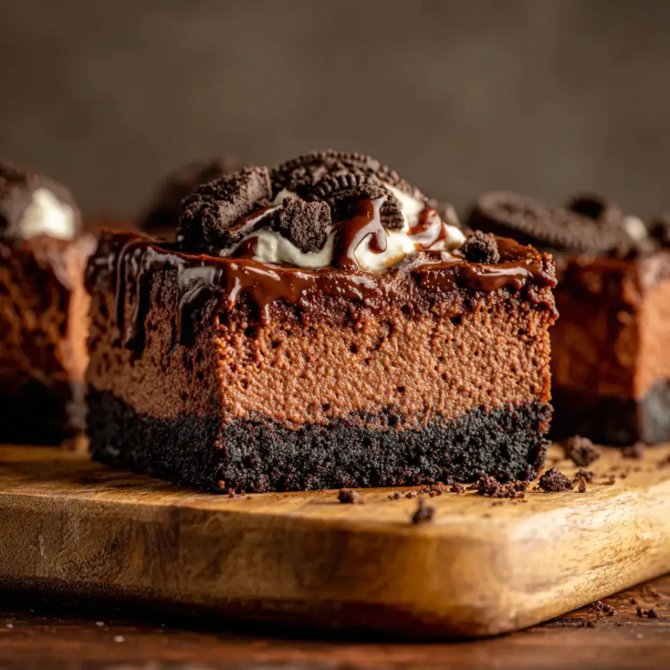 Chocolate Cheesecake Bars served on the table