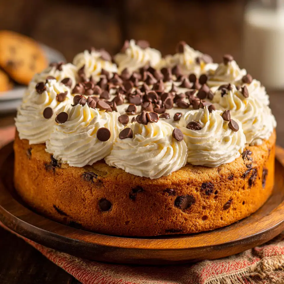 Chocolate Chip Cookie Cake Recipe with Buttercream Frosting, ready to serve