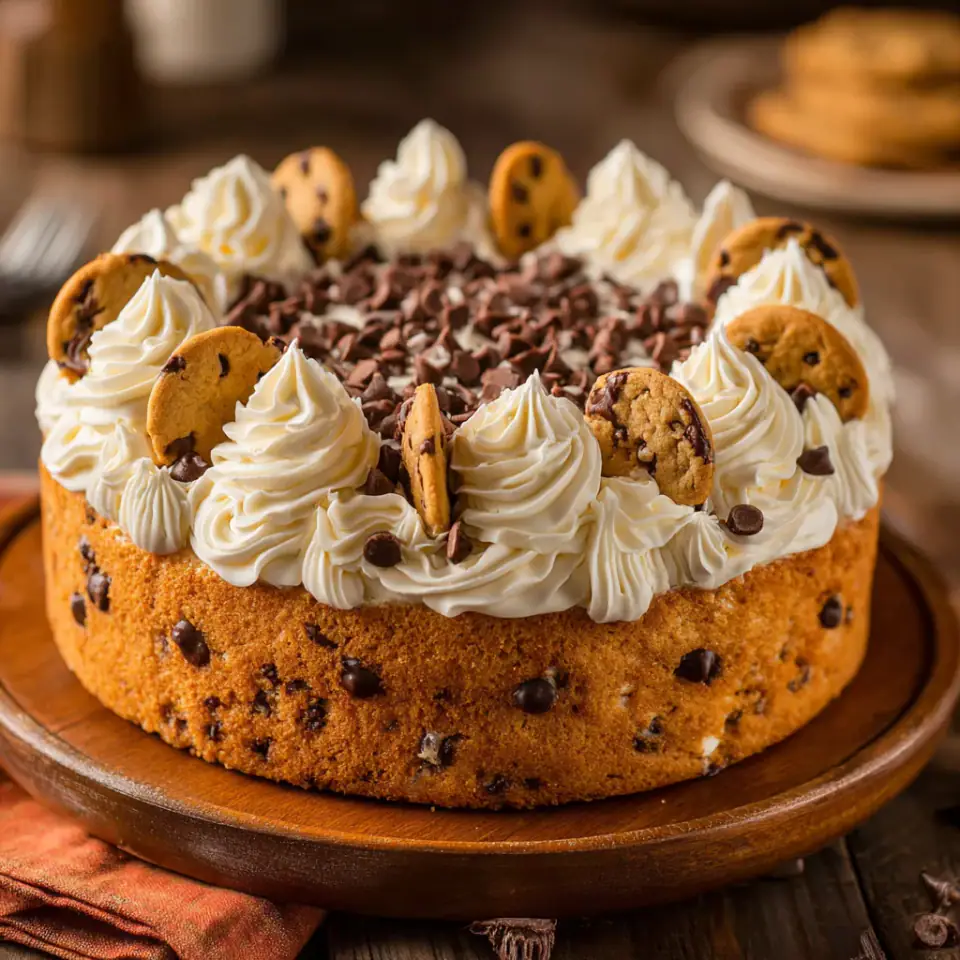 A close look at Chocolate Chip Cookie Cake Recipe with Buttercream Frosting