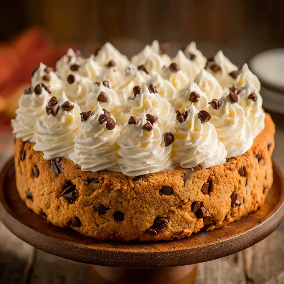 Chocolate Chip Cookie Cake Recipe with Buttercream Frosting served on the table