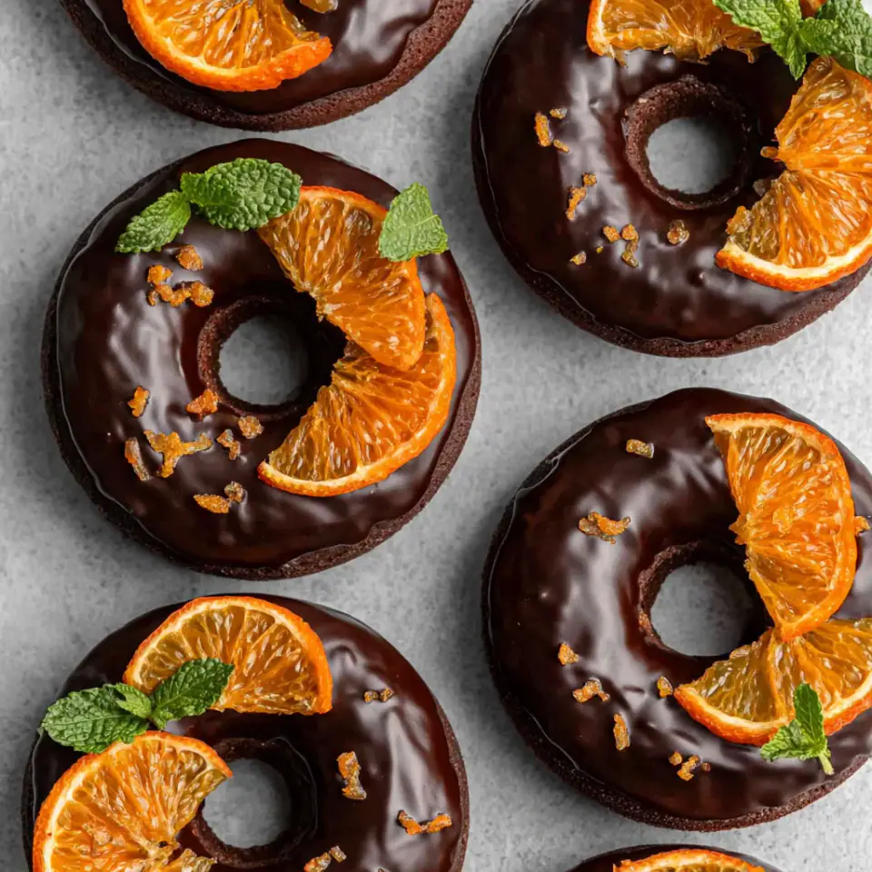 Vegan Gluten-Free Chocolate Donuts with Candied Orange, ready to serve