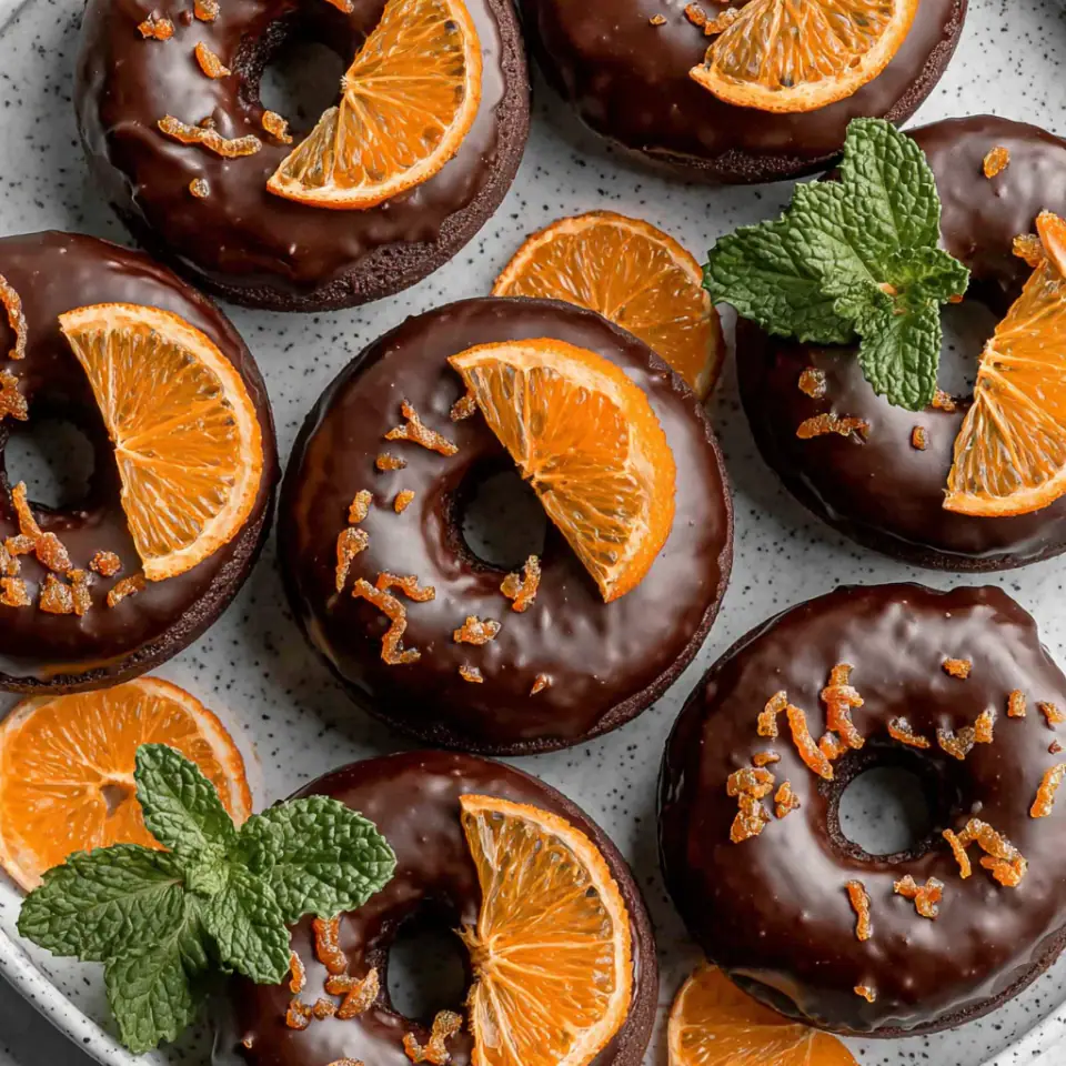 A close look at Vegan Gluten-Free Chocolate Donuts with Candied Orange