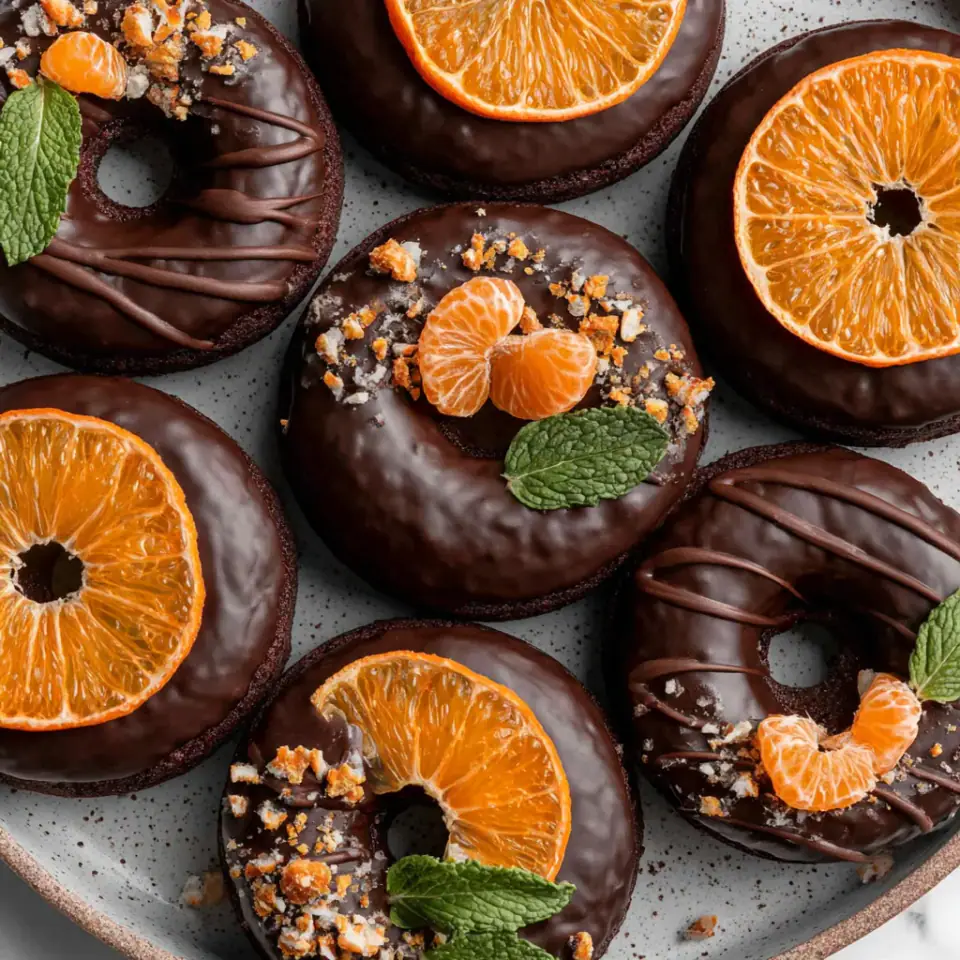 Vegan Gluten-Free Chocolate Donuts with Candied Orange served on the table