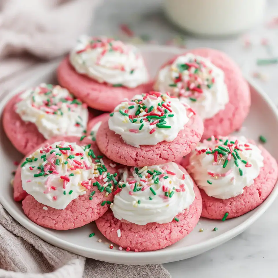 Christmas Pink Velvet Cookies served on the table