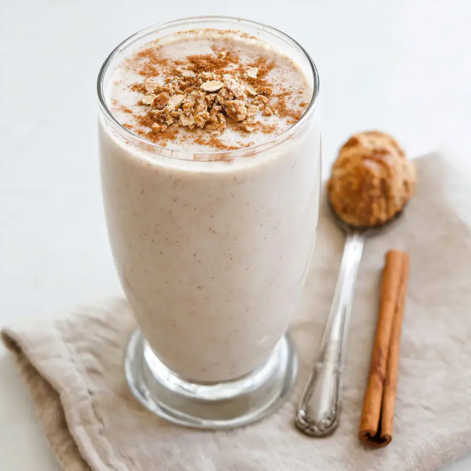 Cinnamon Roll Breakfast Smoothie served on the table